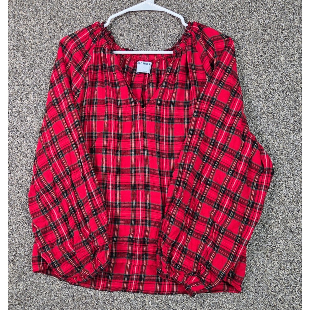 Old Navy Plaid Blouse Women Large Red Tartan Split Neck Balloon Sleeve